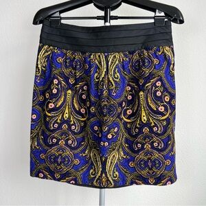 Anthropologie Cidra Paisley Mini Skirt Blue Gold Black Waistband Size 8